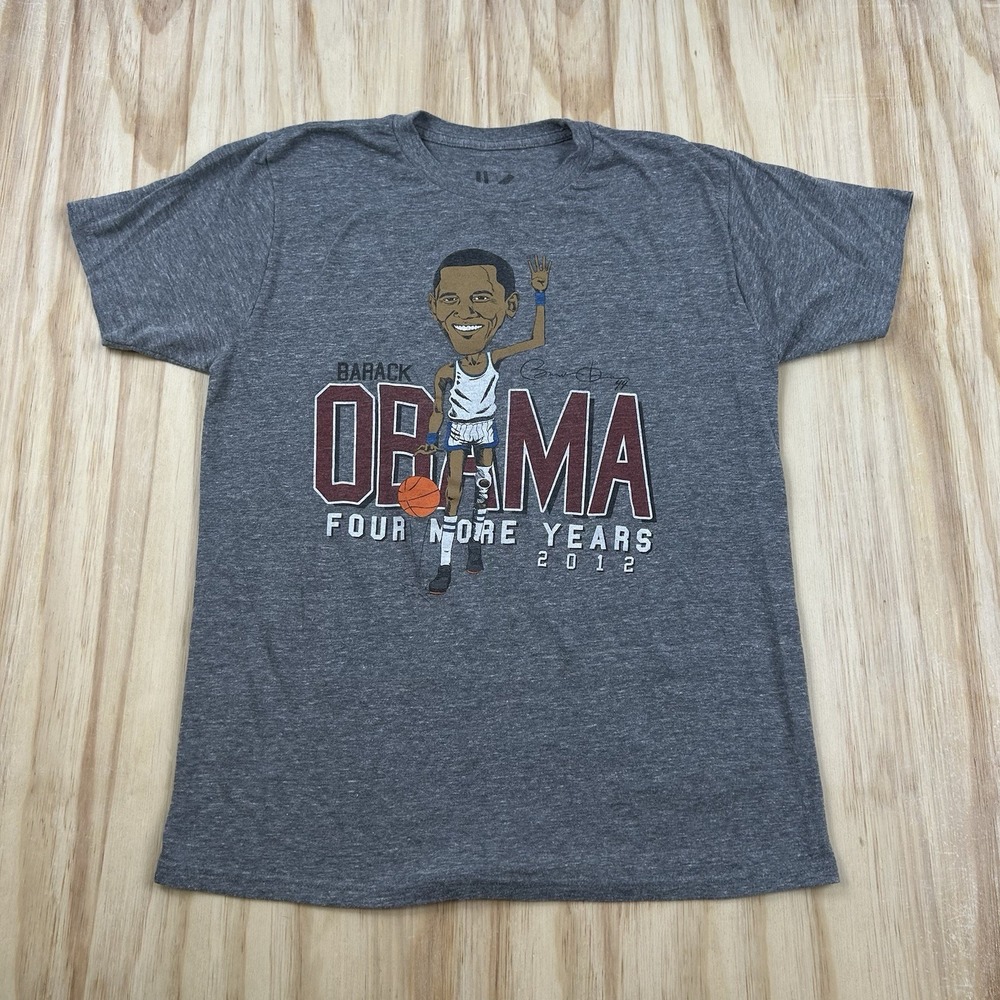 Vtg Barack Obama 2012 T Shirt Large Gray Four More Years Basketball Cartoon Camp